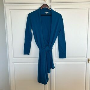 Brilliant blue green cashmere cardigan by Garnet Hill.
